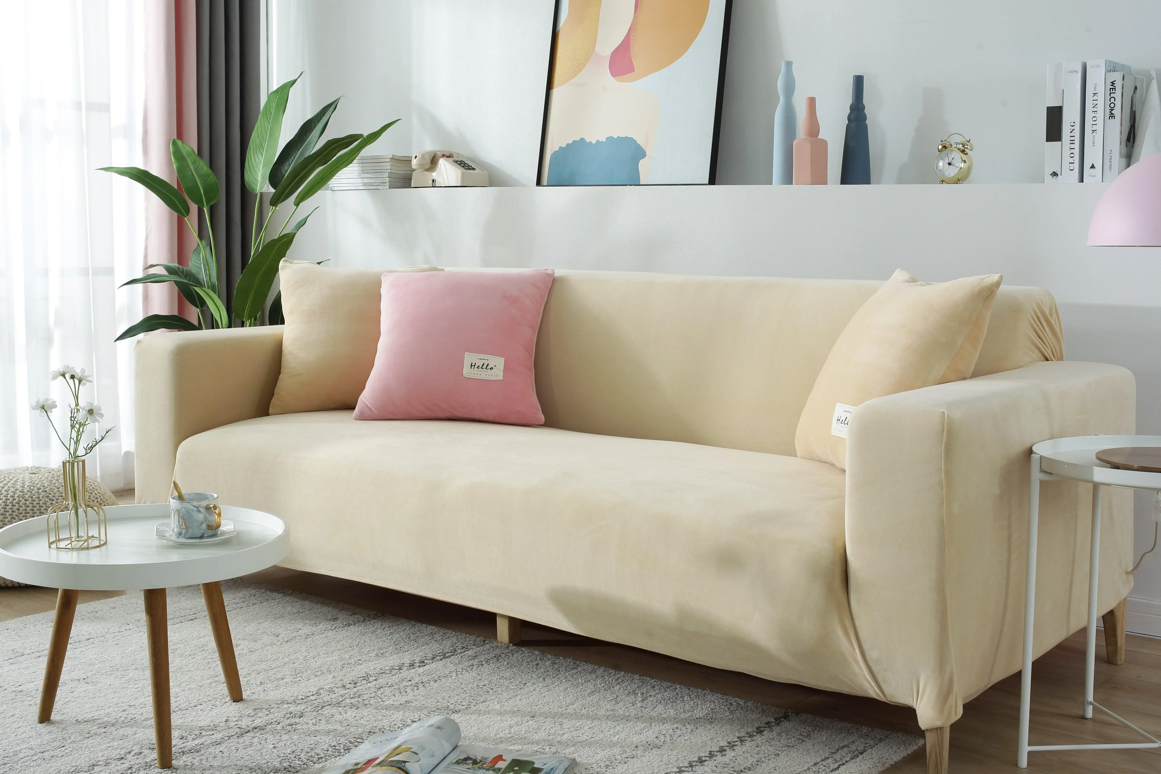 Sofa Cover - Velvet - Beige - Adaptable & Expandable - Image 3