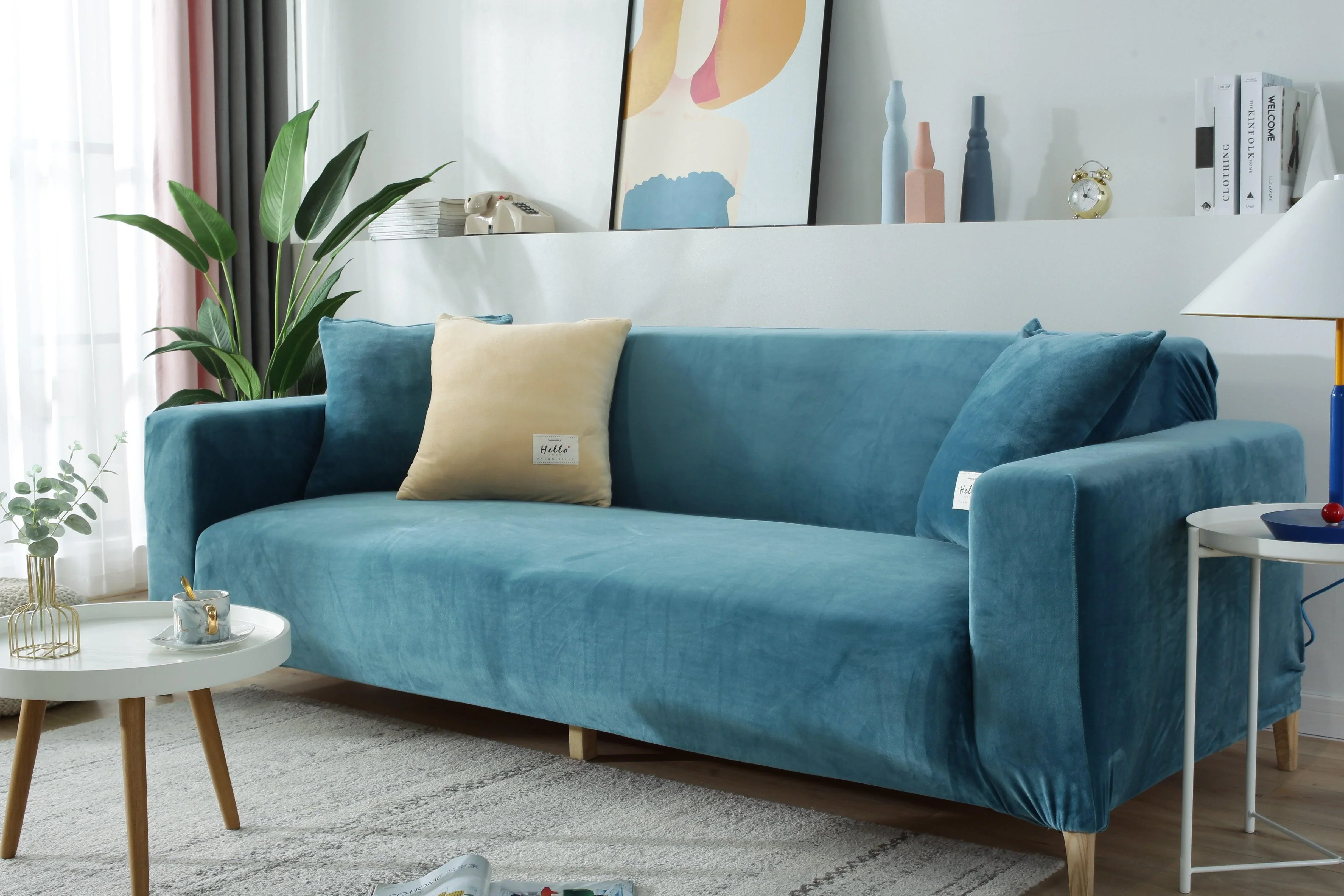 Sofa Cover - Velvet - Lake Blue - Adaptable & Expandable - Image 3