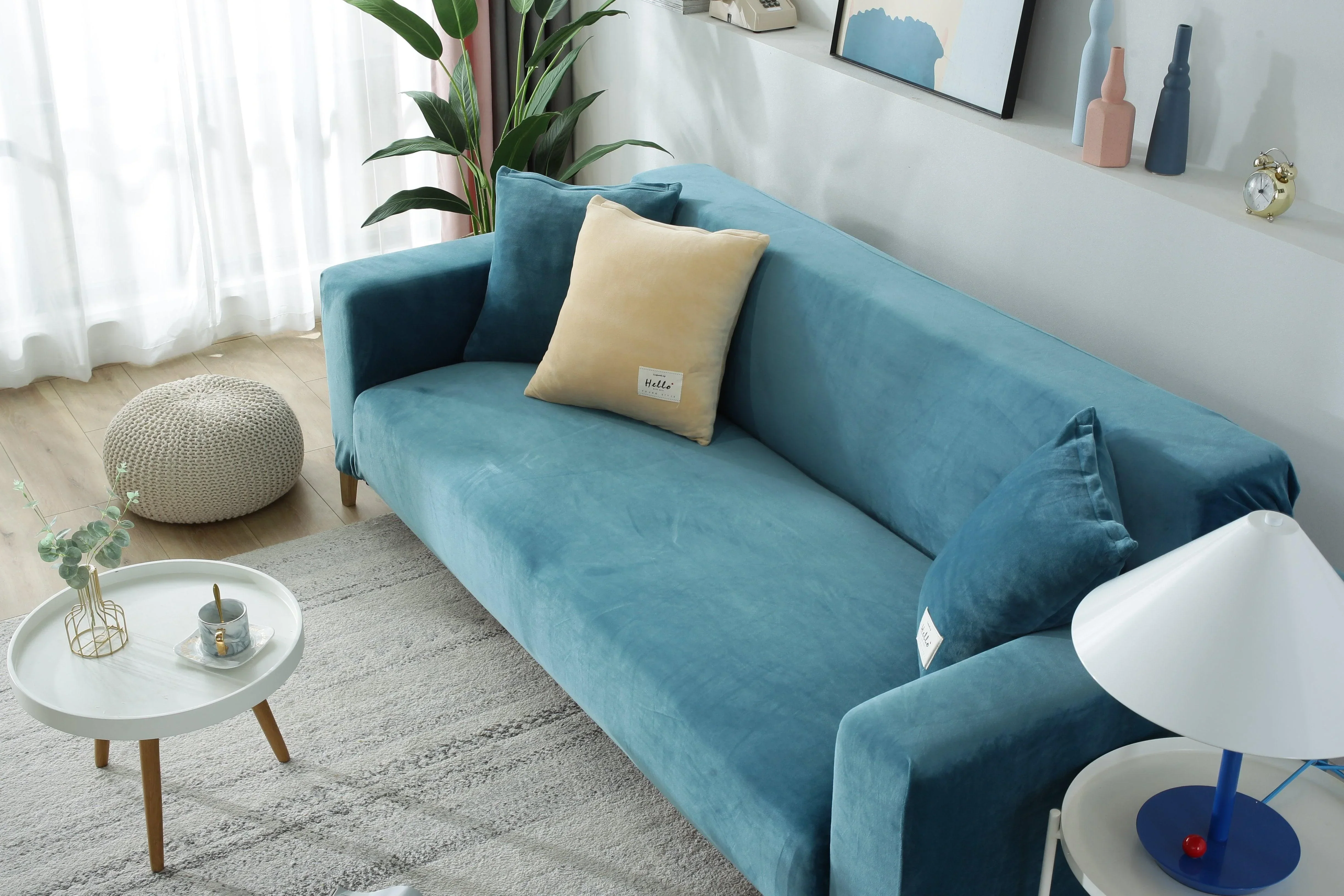 Sofa Cover - Velvet - Lake Blue - Adaptable & Expandable - Image 4