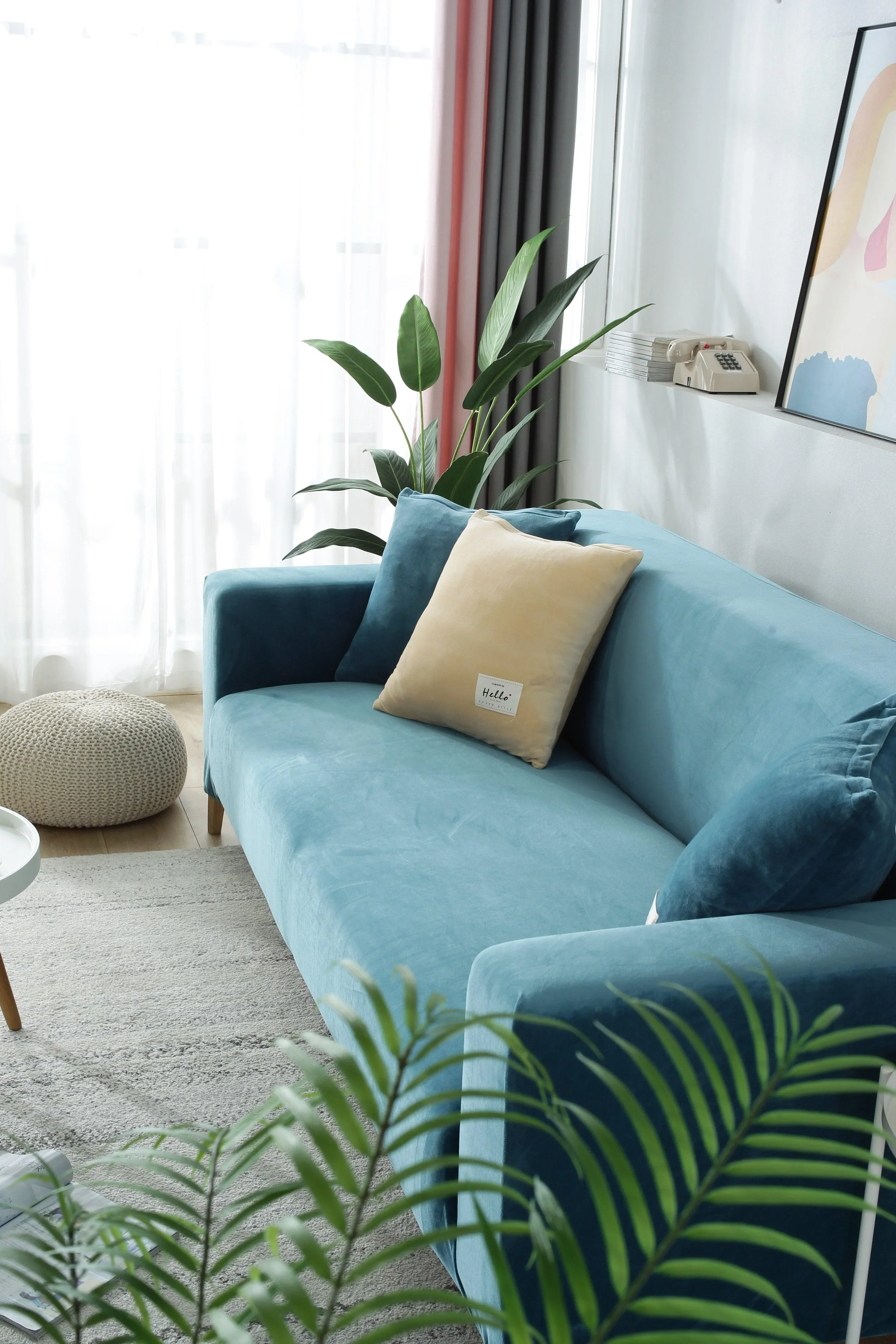 Sofa Cover - Velvet - Lake Blue - Adaptable & Expandable - Image 9