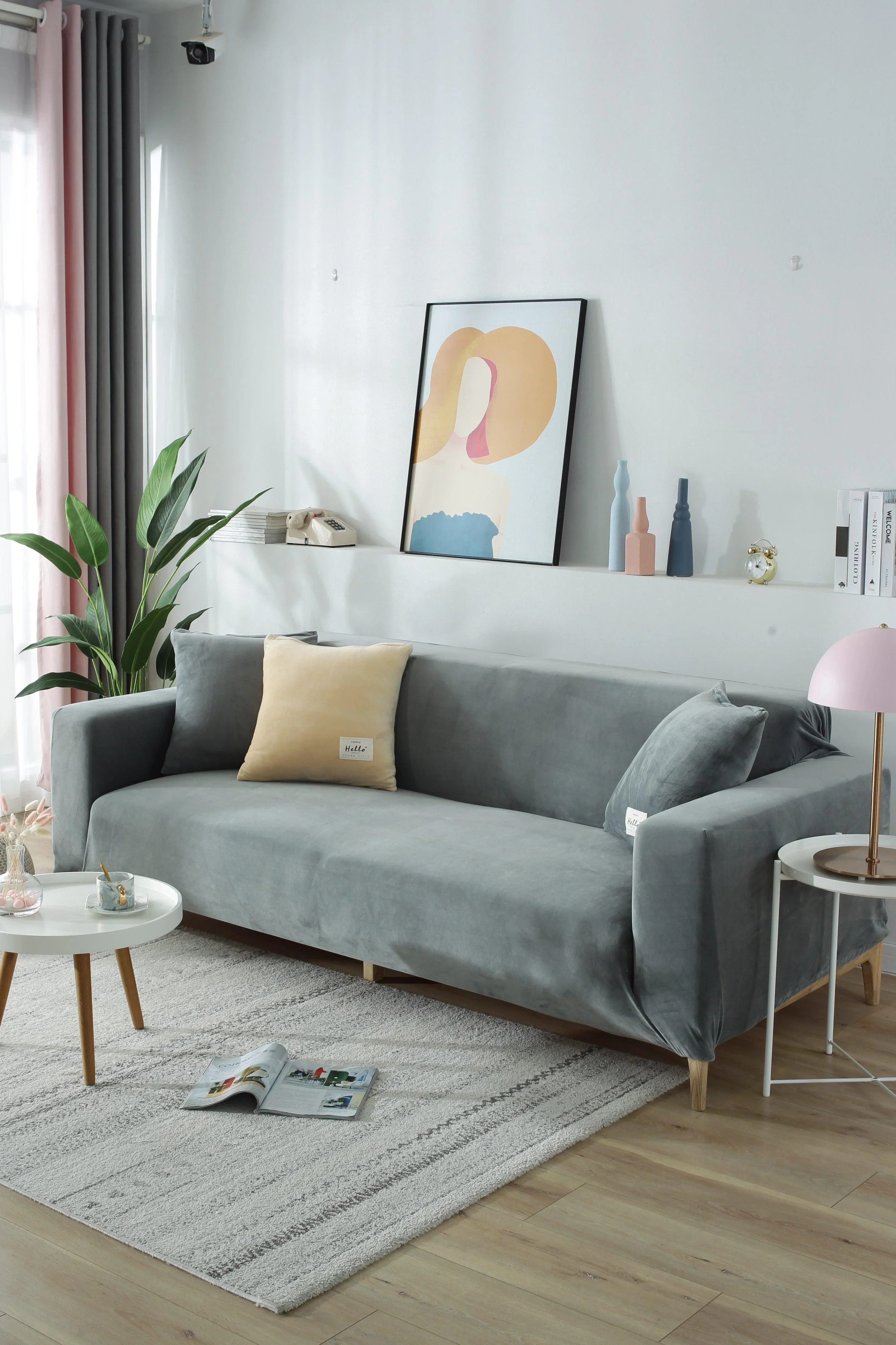 Sofa Cover - Velvet - Light Grey - Adaptable & Expandable - Image 3