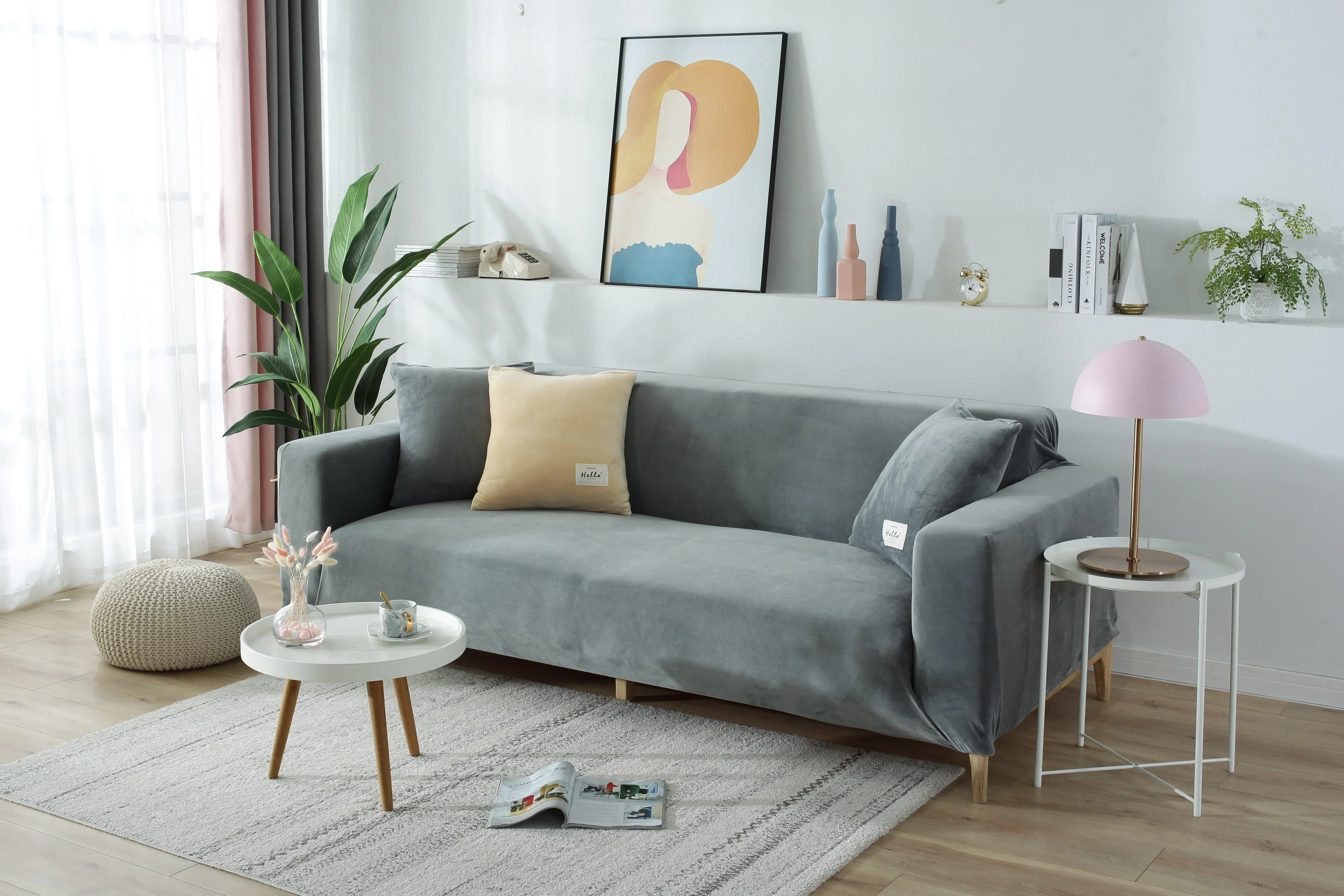 Sofa Cover - Velvet - Light Grey - Adaptable & Expandable - Image 4