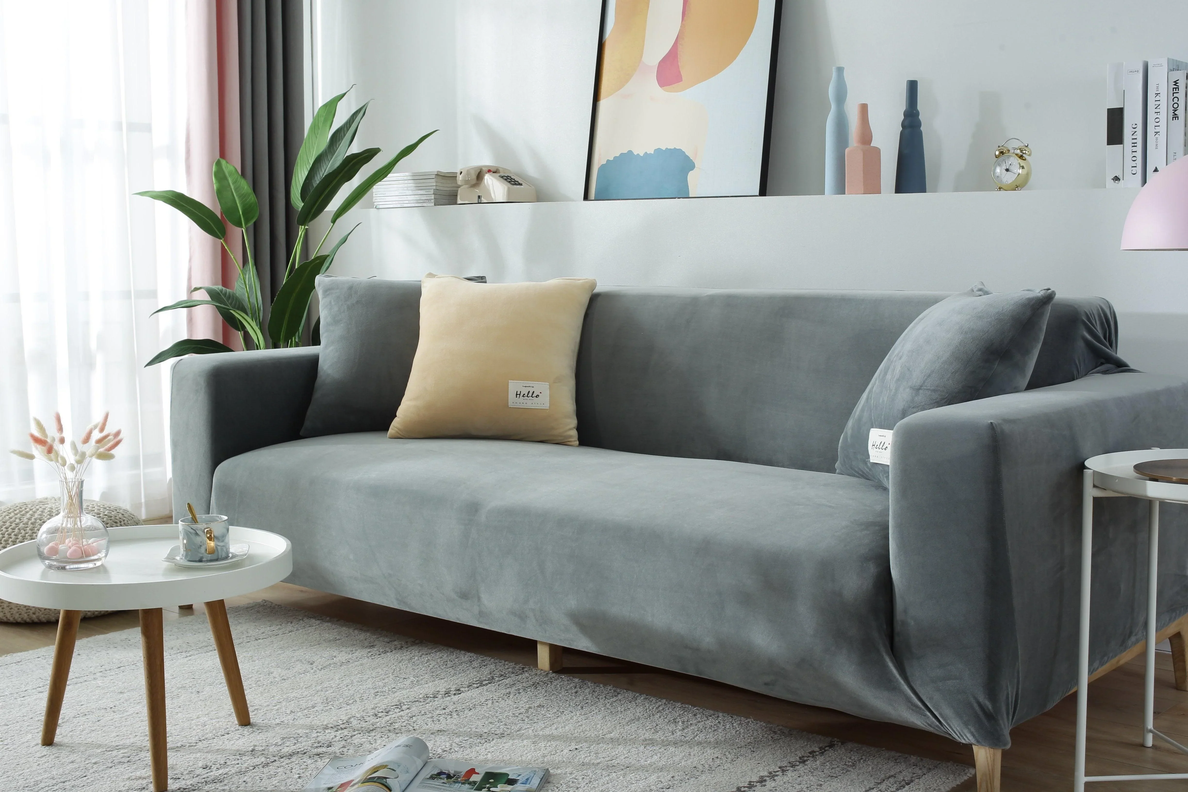 Sofa Cover - Velvet - Light Grey - Adaptable & Expandable - Image 6