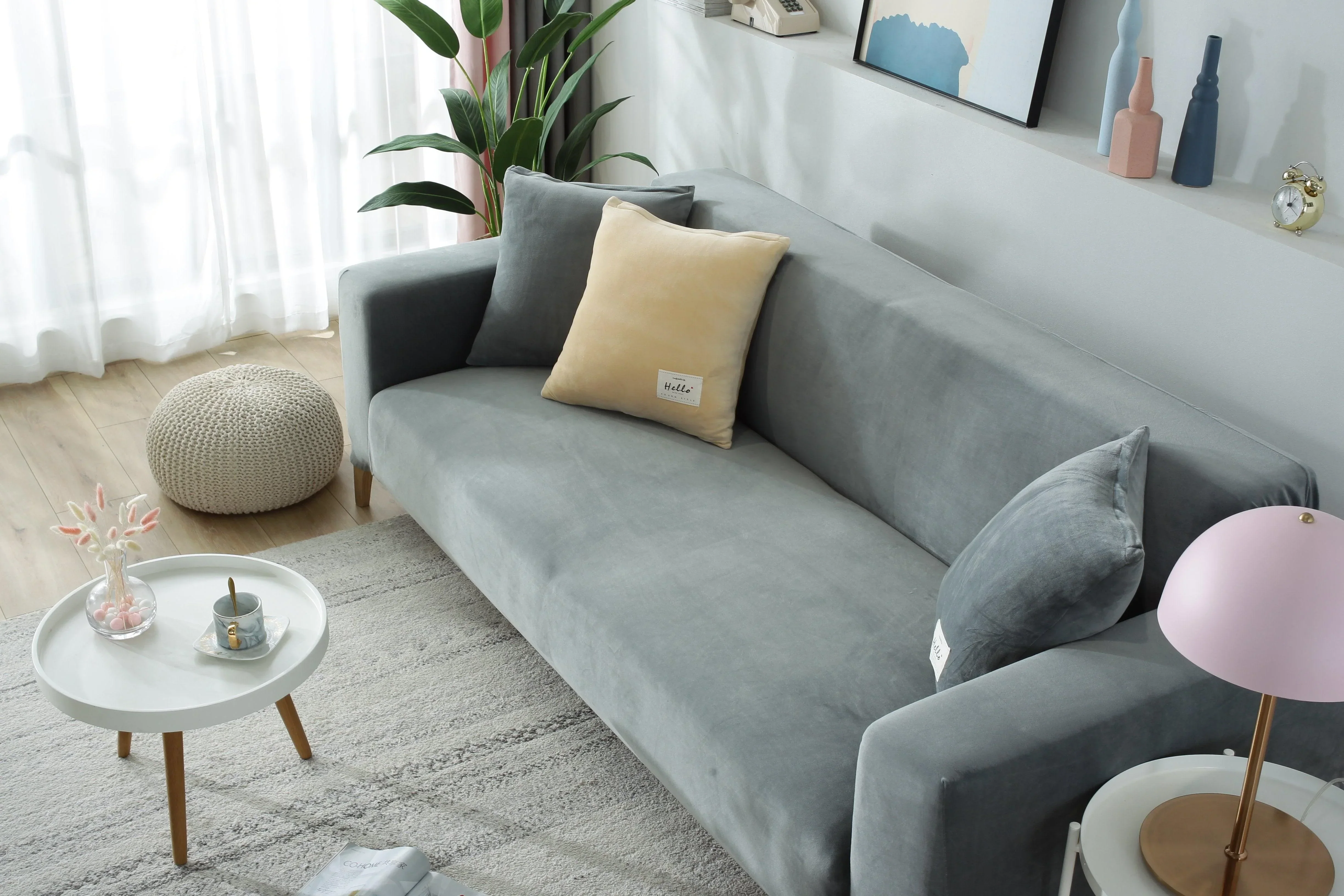 Sofa Cover - Velvet - Light Grey - Adaptable & Expandable - Image 7