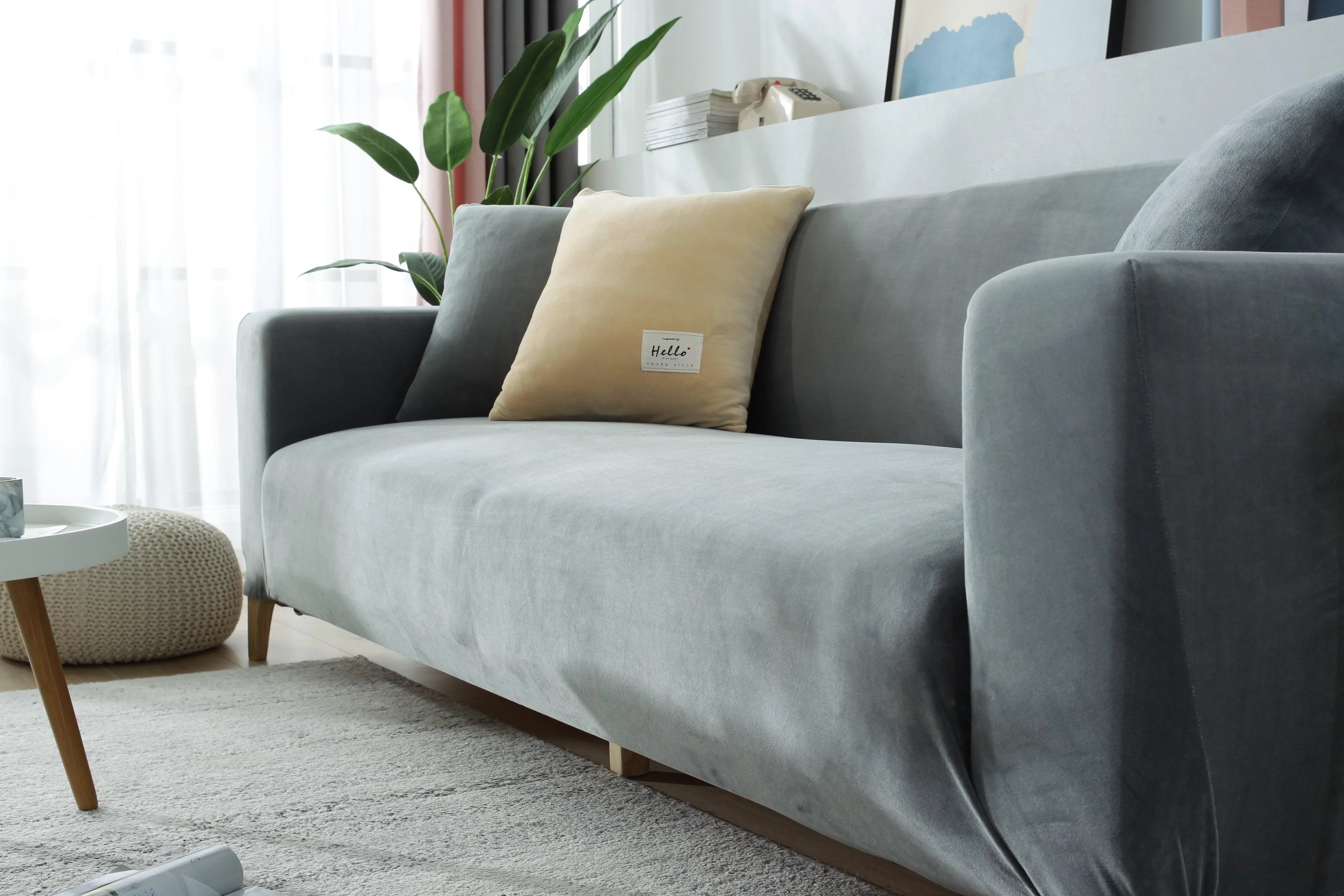 Sofa Cover - Velvet - Light Grey - Adaptable & Expandable - Image 8