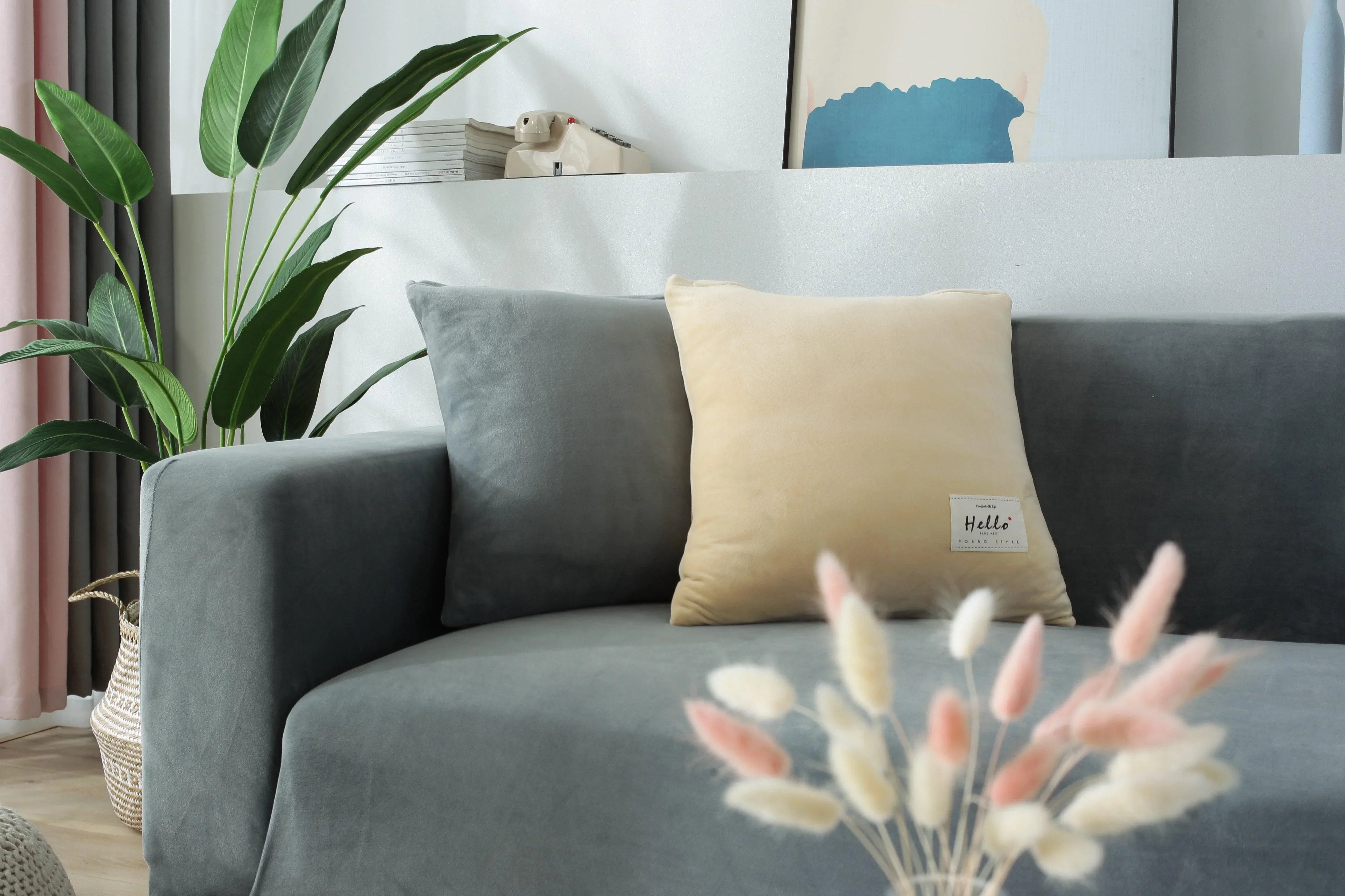 Sofa Cover - Velvet - Light Grey - Adaptable & Expandable - Image 9